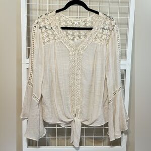 Studio JPR Cream Ivory Ecru Women's Top with Crochet Lace Detailing & Tie Waist